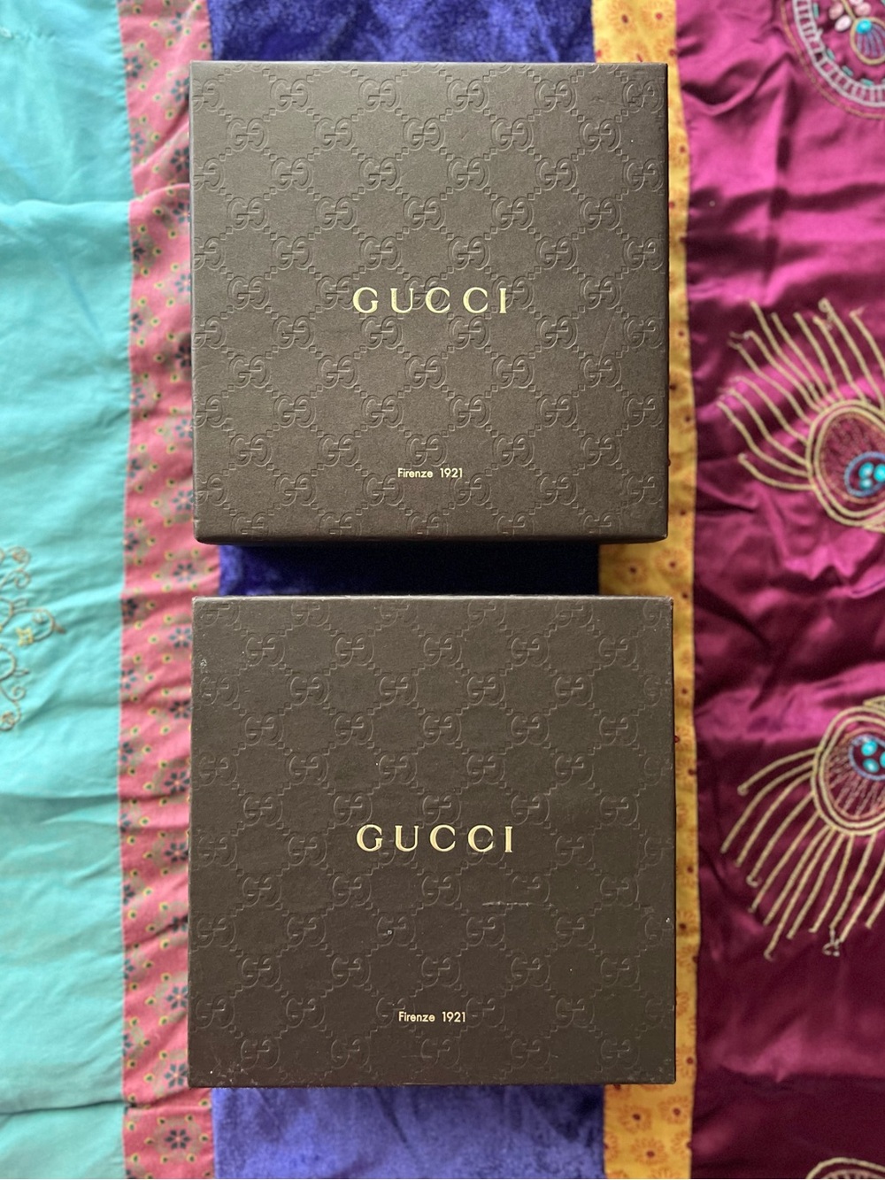 Two Gucci Brown and Gold Embossed Accessory Boxes